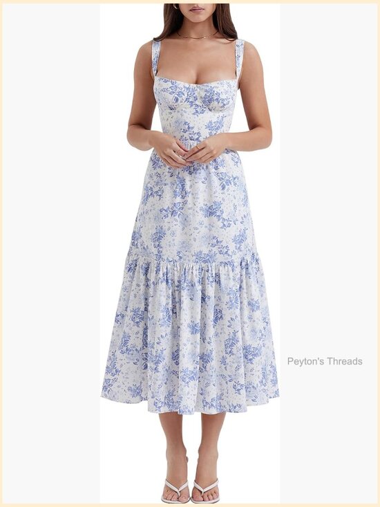 Dresses & Skirts - Floral Corset Midi Dress Spaghetti Strap Low Cut Flowy Pleated Hem Side Pockets